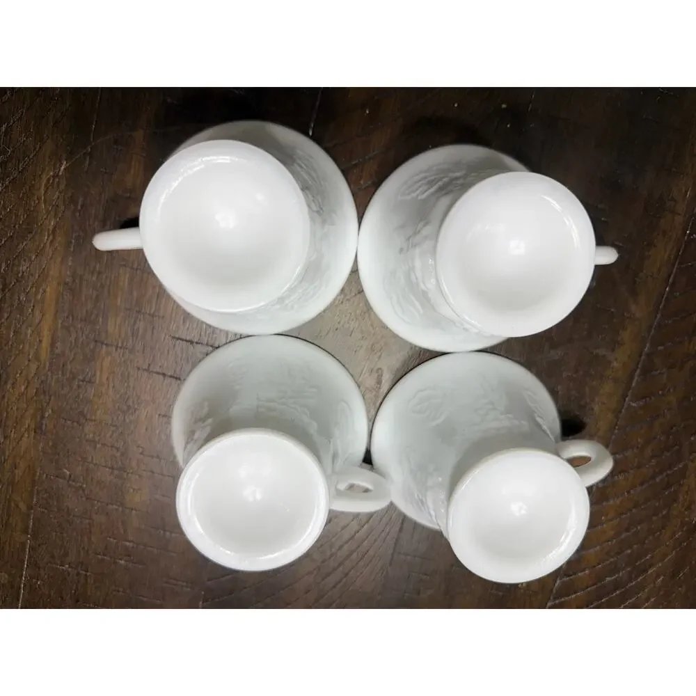 Set of 4 Vintage White Milk Glass Grapes & Vines Snack Plates Cups Snack Sets